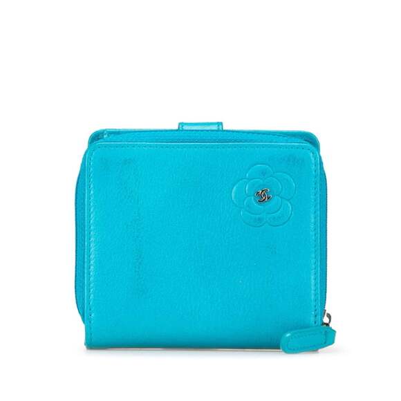 CHANEL Handbags - CHANEL Authentic Blue Lambskin Leather Logo Wallet
